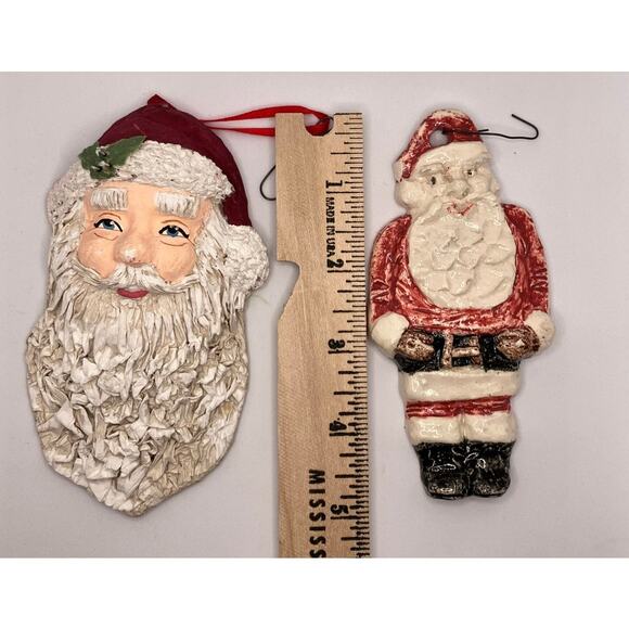 Christmas Lot of 2 Ornaments, Santa Clause, Ceramic, Paper Mache (?), Hook, VTG - Picture 5 of 5